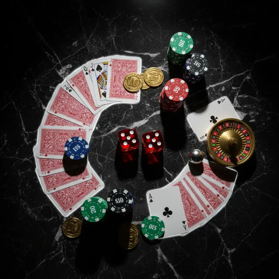 Playing cards, chips, and roulette wheel on dark marble